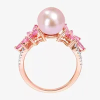 Womens 9-9.5MM Pink Cultured Freshwater Pearl & 1/8 CT. T.W.  Genuine Diamond 14K Rose Gold Flower Cocktail Ring