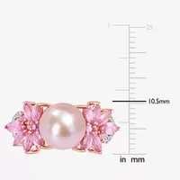 Womens 9-9.5MM Pink Cultured Freshwater Pearl & 1/8 CT. T.W.  Genuine Diamond 14K Rose Gold Flower Cocktail Ring