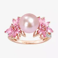 Womens 9-9.5MM Pink Cultured Freshwater Pearl & 1/8 CT. T.W.  Genuine Diamond 14K Rose Gold Flower Cocktail Ring