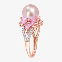 Womens 9-9.5MM Pink Cultured Freshwater Pearl & 1/8 CT. T.W.  Genuine Diamond 14K Rose Gold Flower Cocktail Ring