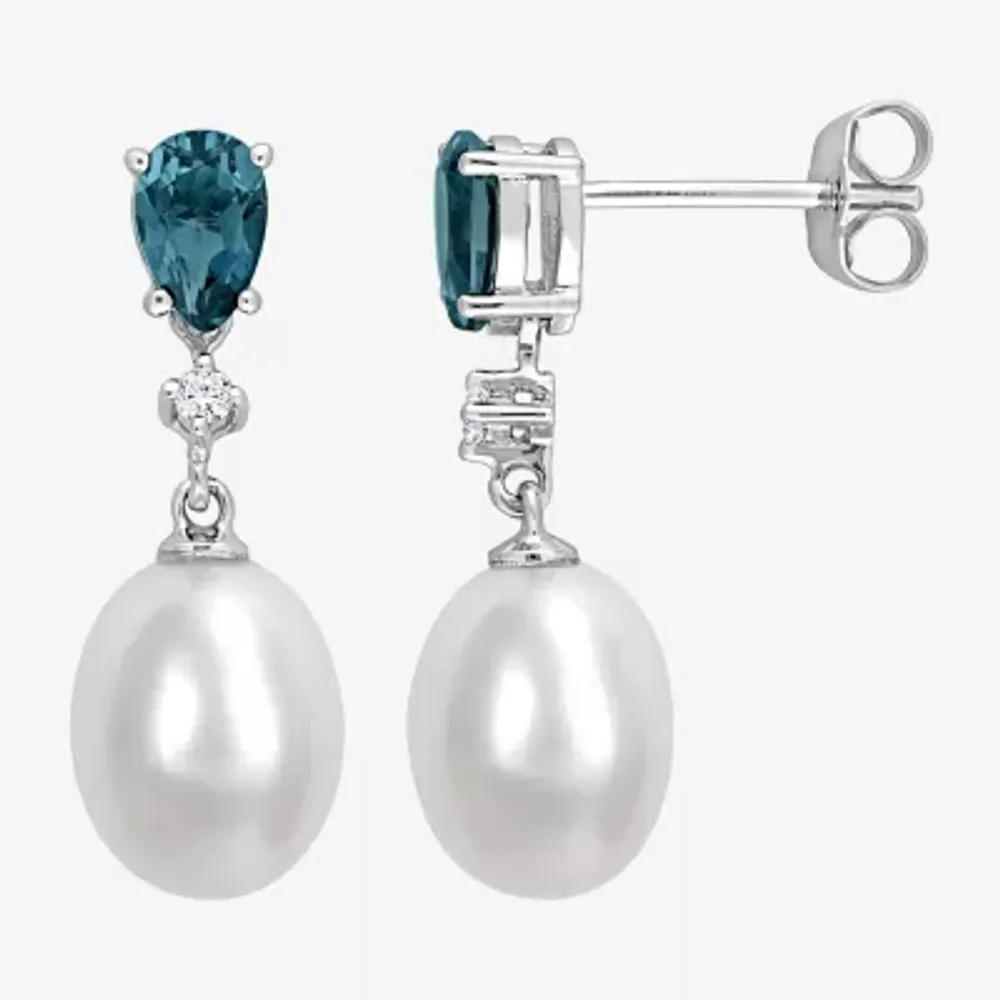 Diamond Accent Pink Cultured Freshwater Pearl 10K White Gold Drop Earrings