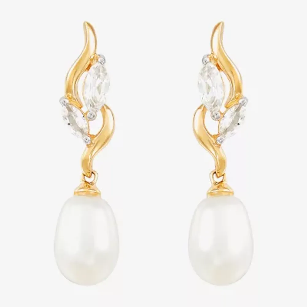 White Cultured Freshwater Pearl 10K Gold Drop Earrings