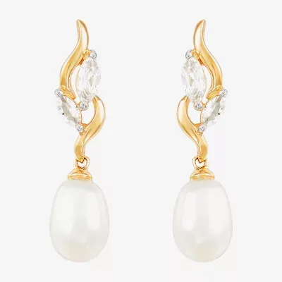 White Cultured Freshwater Pearl 10K Gold Drop Earrings