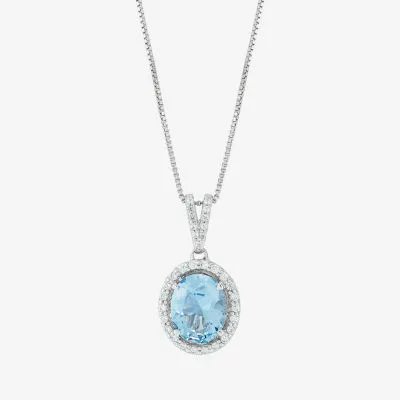 Womens Simulated Blue Aquamarine Sterling Silver Round Pendant Necklace
