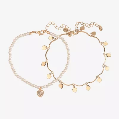 Arizona Charm & Simulated Pearl 2-pc. 9 Inch Heart Ankle Bracelet