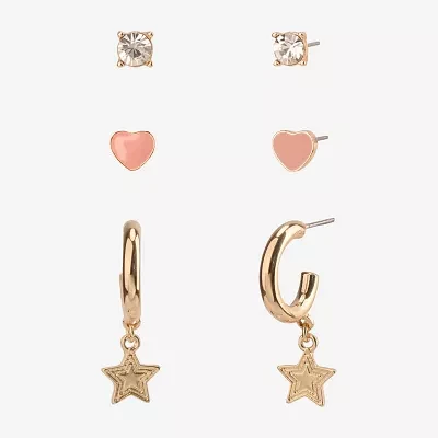 Arizona Gold Tone Stud And Huggie 3 Pair Heart Star Earring Set