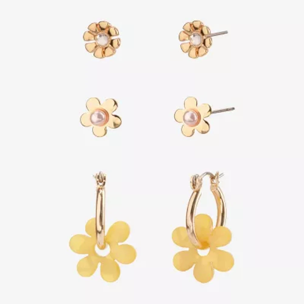 Arizona Gold Tone Stud And Huggie 3 Pair Flower Earring Set