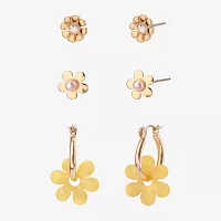 Arizona Gold Tone Stud And Huggie 3 Pair Flower Earring Set