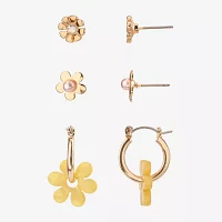 Arizona Gold Tone Stud And Huggie 3 Pair Flower Earring Set