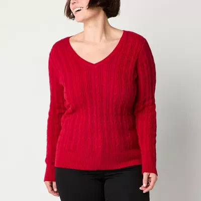 St. John's Bay Womens V Neck Long Sleeve Cable Knit Pullover Sweater