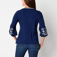 St. John's Bay Womens Split Crew Neck 3/4 Sleeve Embroidered Blouse