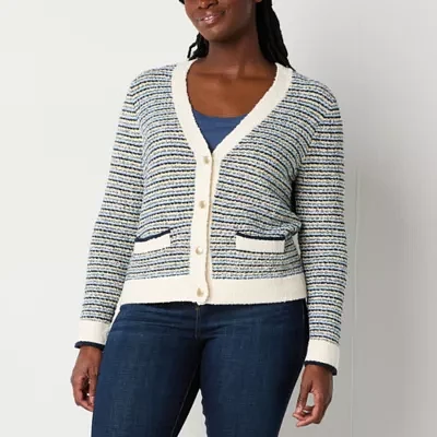 Liz Claiborne Womens V Neck Long Sleeve Button Striped Cardigan