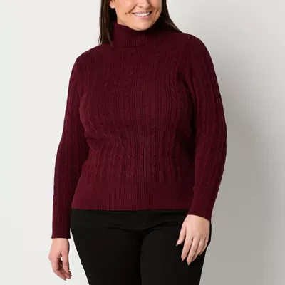 St. John's Bay Plus Womens Turtleneck Long Sleeve Cable Knit Pullover Sweater