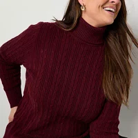 St. John's Bay Plus Womens Turtleneck Long Sleeve Cable Knit Pullover Sweater