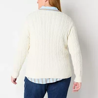 St. John's Bay Plus Womens Crew Neck Long Sleeve Cable Knit Pullover Sweater