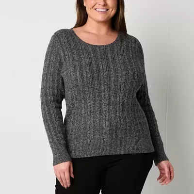 St. John's Bay Plus Womens Crew Neck Long Sleeve Cable Knit Pullover Sweater