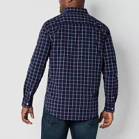 St. John's Bay Stretch Poplin Big and Tall Mens Slim Fit Long Sleeve Plaid Button-Down Shirt
