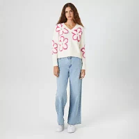 Forever 21 Juniors Flowers Oversized Womens V Neck Long Sleeve Floral Pullover Sweater