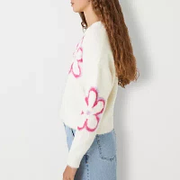 Forever 21 Juniors Flowers Oversized Womens V Neck Long Sleeve Floral Pullover Sweater