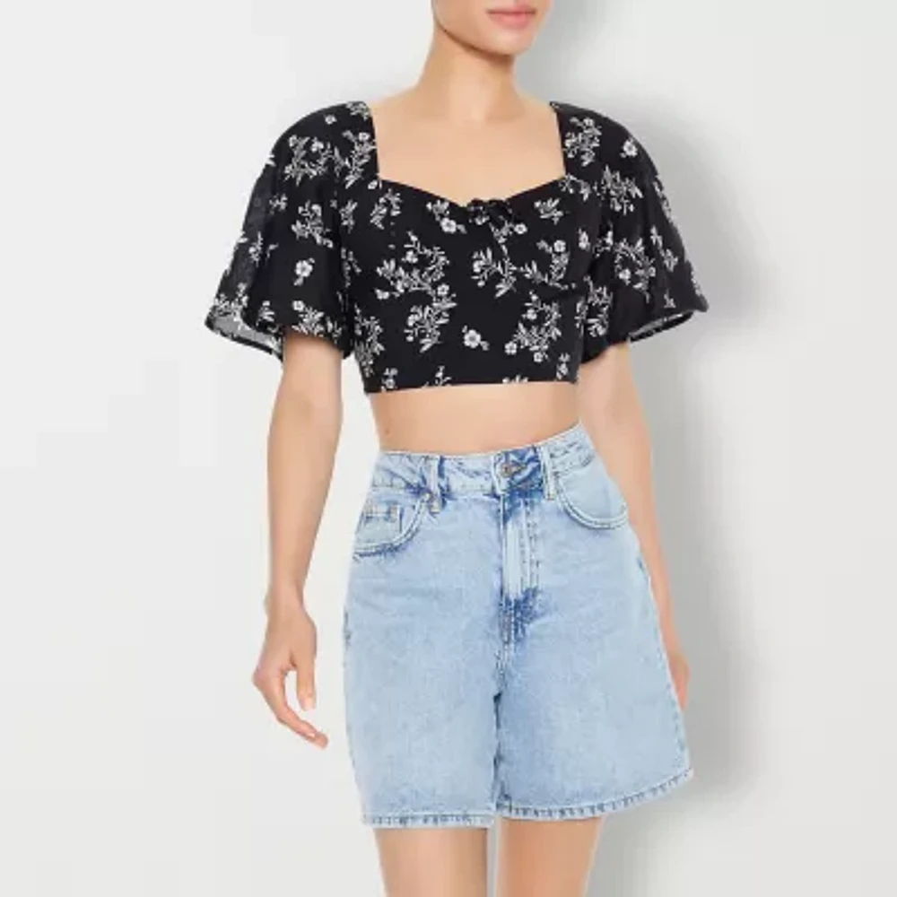 Forever 21 Smocked Woven Womens Sweetheart Neck Short Sleeve Crop Top Juniors