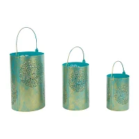 Set of 3 Turquoise Blue and Gold Decorative Floral Cut-Out Pillar Candle Lanterns 10"