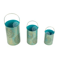 Set of 3 Turquoise Blue and Gold Decorative Floral Cut-Out Pillar Candle Lanterns 10"