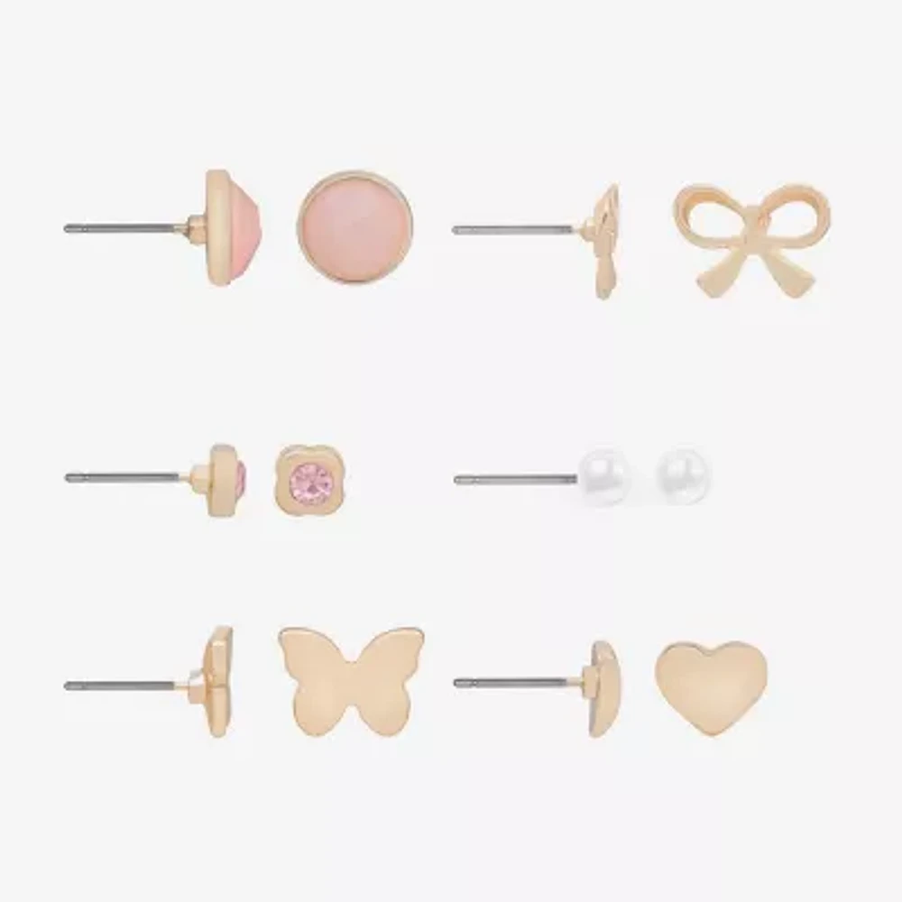 Bijoux Bar Gold Tone Womens Glass Simulated Pearl Bow Butterfly Heart 6 Pair Earring Set
