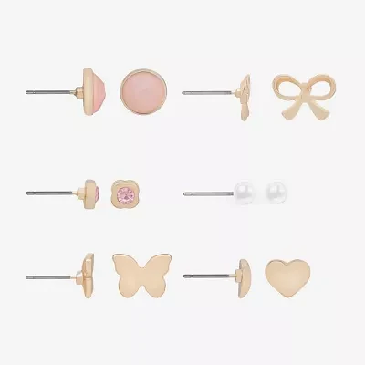 Bijoux Bar Gold Tone Womens Glass Simulated Pearl Bow Butterfly Heart 6 Pair Earring Set
