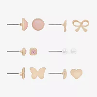 Bijoux Bar Gold Tone Womens Glass Simulated Pearl Bow Butterfly Heart 6 Pair Earring Set