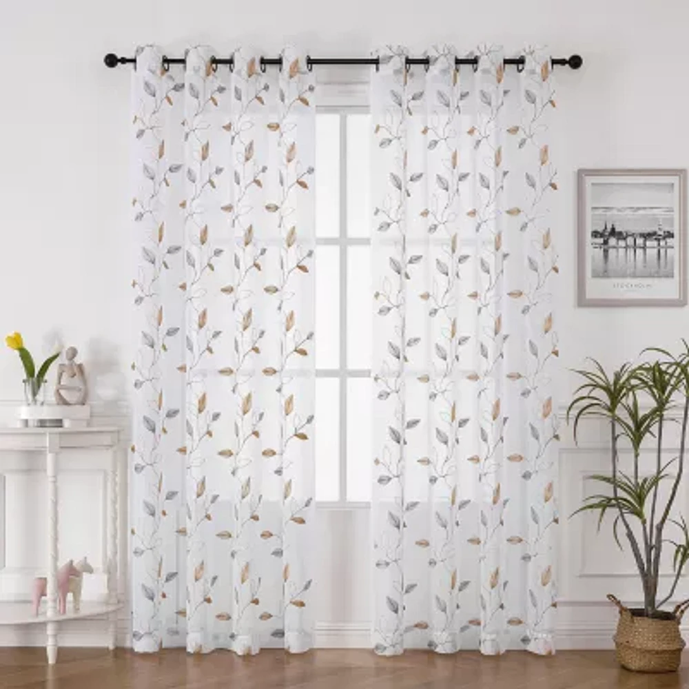 Regal Home Cedar Embroidered Grommet Top Sheer Set of 2 Curtain Panel