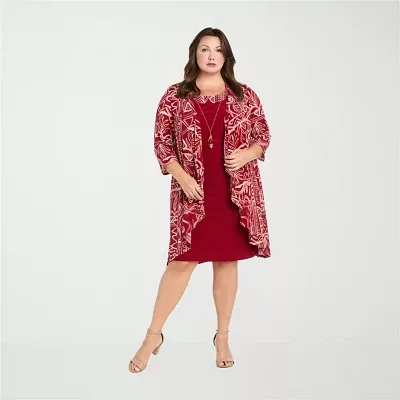 R & M Richards Womens Geometric Jacket Dress With Removable Necklace Plus