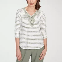 Alfred Dunner Copper Canyon Womens V Neck 3/4 Sleeve T-Shirt