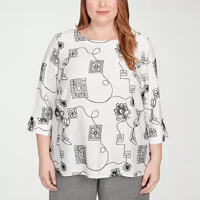Alfred Dunner Plus Santa Barbara Womens Crew Neck 3/4 Sleeve Blouse