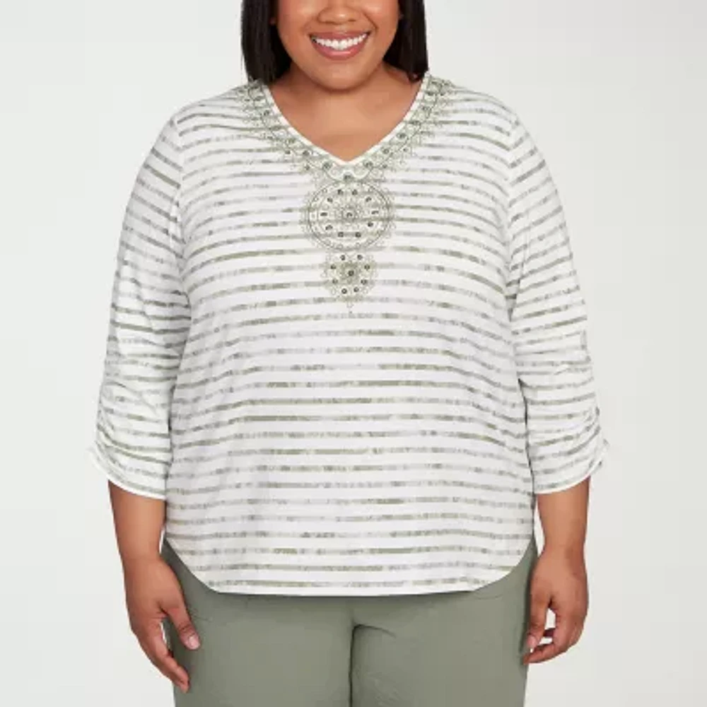 Alfred Dunner Copper Canyon Womens Plus V Neck 3/4 Sleeve T-Shirt