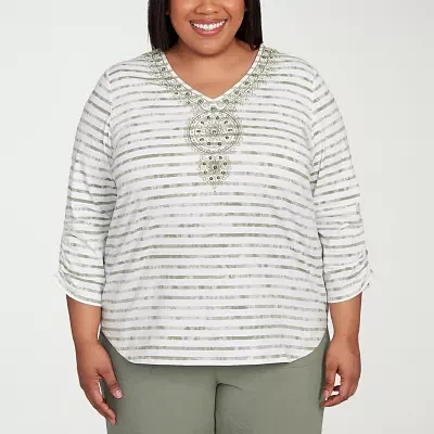 Alfred Dunner Copper Canyon Womens Plus V Neck 3/4 Sleeve T-Shirt