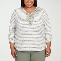 Alfred Dunner Copper Canyon Womens Plus V Neck 3/4 Sleeve T-Shirt
