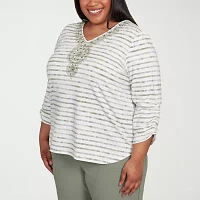Alfred Dunner Copper Canyon Womens Plus V Neck 3/4 Sleeve T-Shirt