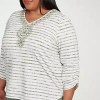 Alfred Dunner Copper Canyon Womens Plus V Neck 3/4 Sleeve T-Shirt