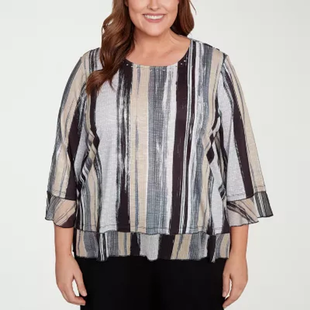Alfred Dunner Santa Barbara Womens Plus Crew Neck 3/4 Sleeve T-Shirt