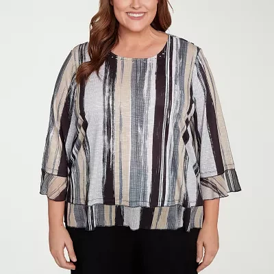 Alfred Dunner Santa Barbara Womens Plus Crew Neck 3/4 Sleeve T-Shirt