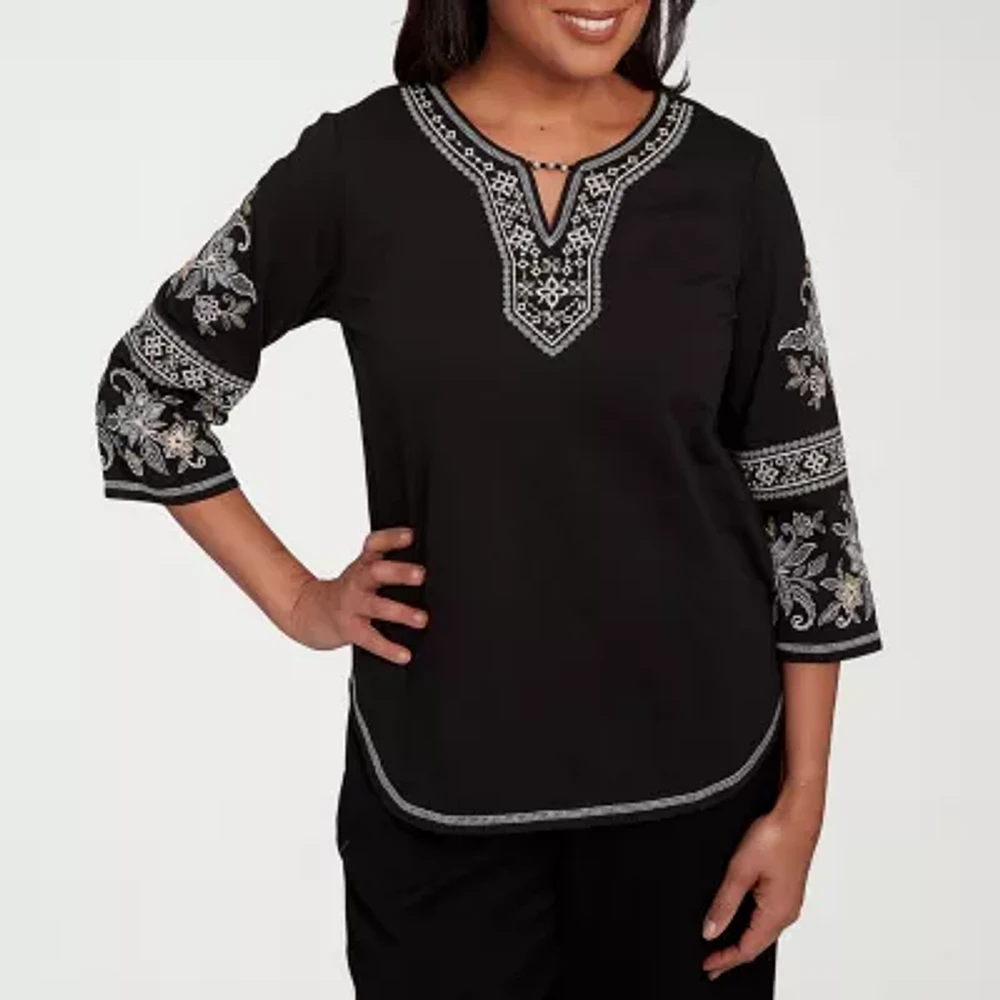 Alfred Dunner Santa Barbara Womens Split Crew Neck 3/4 Sleeve T-Shirt