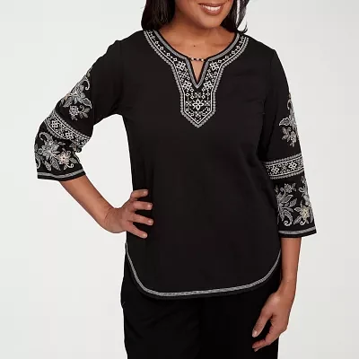 Alfred Dunner Santa Barbara Womens Split Crew Neck 3/4 Sleeve T-Shirt