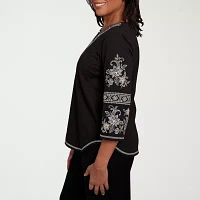 Alfred Dunner Santa Barbara Womens Split Crew Neck 3/4 Sleeve T-Shirt