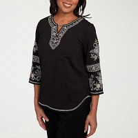 Alfred Dunner Santa Barbara Womens Split Crew Neck 3/4 Sleeve T-Shirt