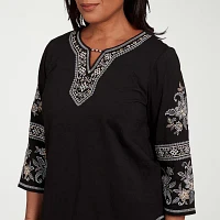 Alfred Dunner Santa Barbara Womens Split Crew Neck 3/4 Sleeve T-Shirt