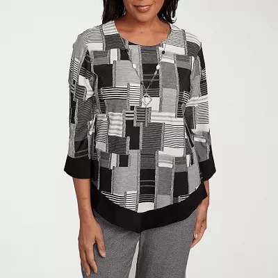 Alfred Dunner Santa Barbara Womens Crew Neck 3/4 Sleeve T-Shirt