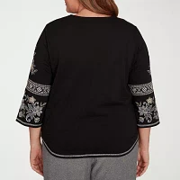 Alfred Dunner Santa Barbara Womens Plus Split Crew Neck 3/4 Sleeve T-Shirt