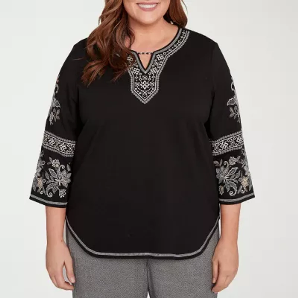 Alfred Dunner Santa Barbara Womens Plus Split Crew Neck 3/4 Sleeve T-Shirt