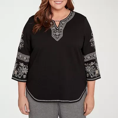 Alfred Dunner Santa Barbara Womens Plus Split Crew Neck 3/4 Sleeve T-Shirt