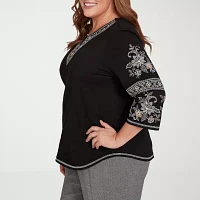 Alfred Dunner Santa Barbara Womens Plus Split Crew Neck 3/4 Sleeve T-Shirt